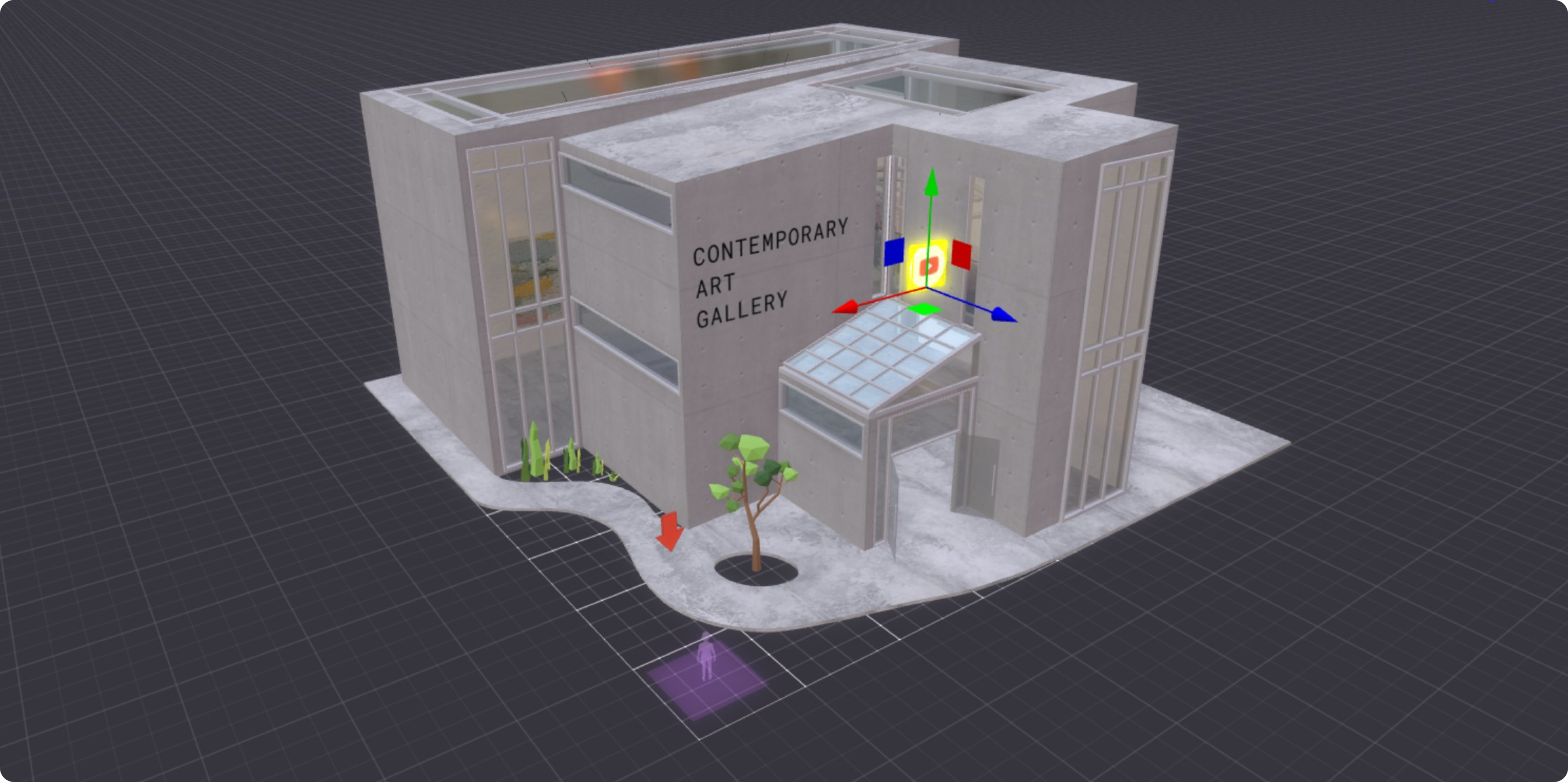 3D render of a contemporary art gallery built in Decentraland's Creator Hub