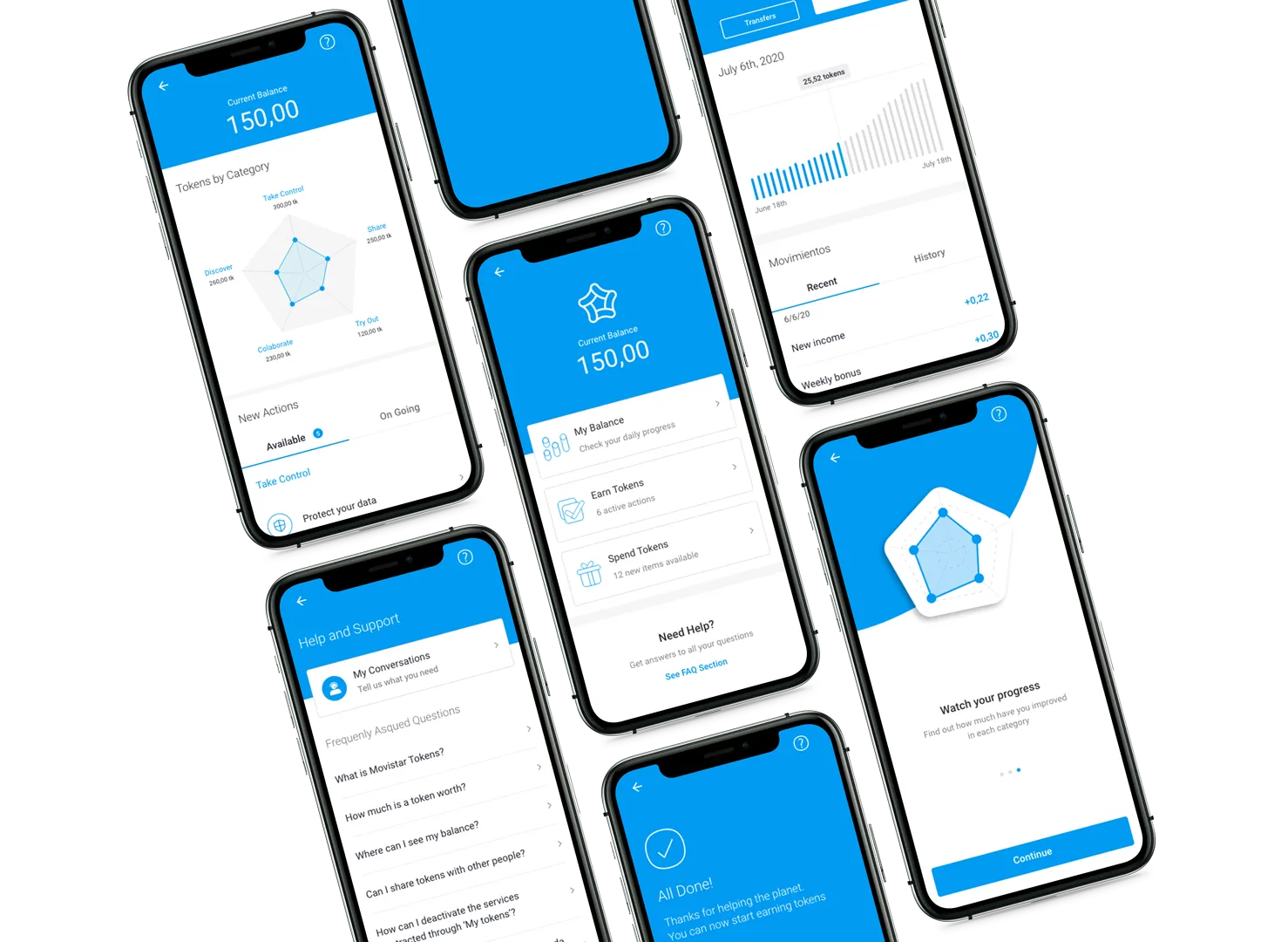 Mockups of Movistar Rewards Program tokens and campaign screens