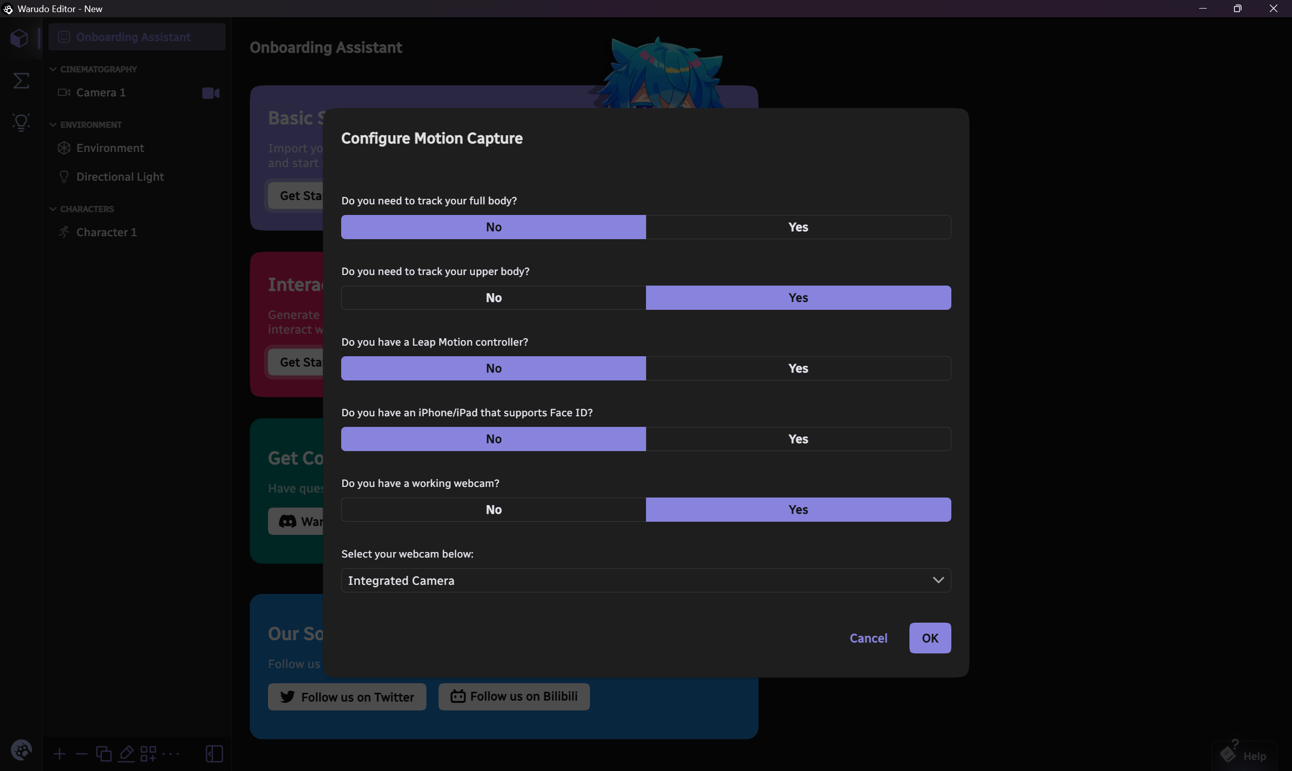 Screenshot of Warudo, a VTubing client app, used as market research