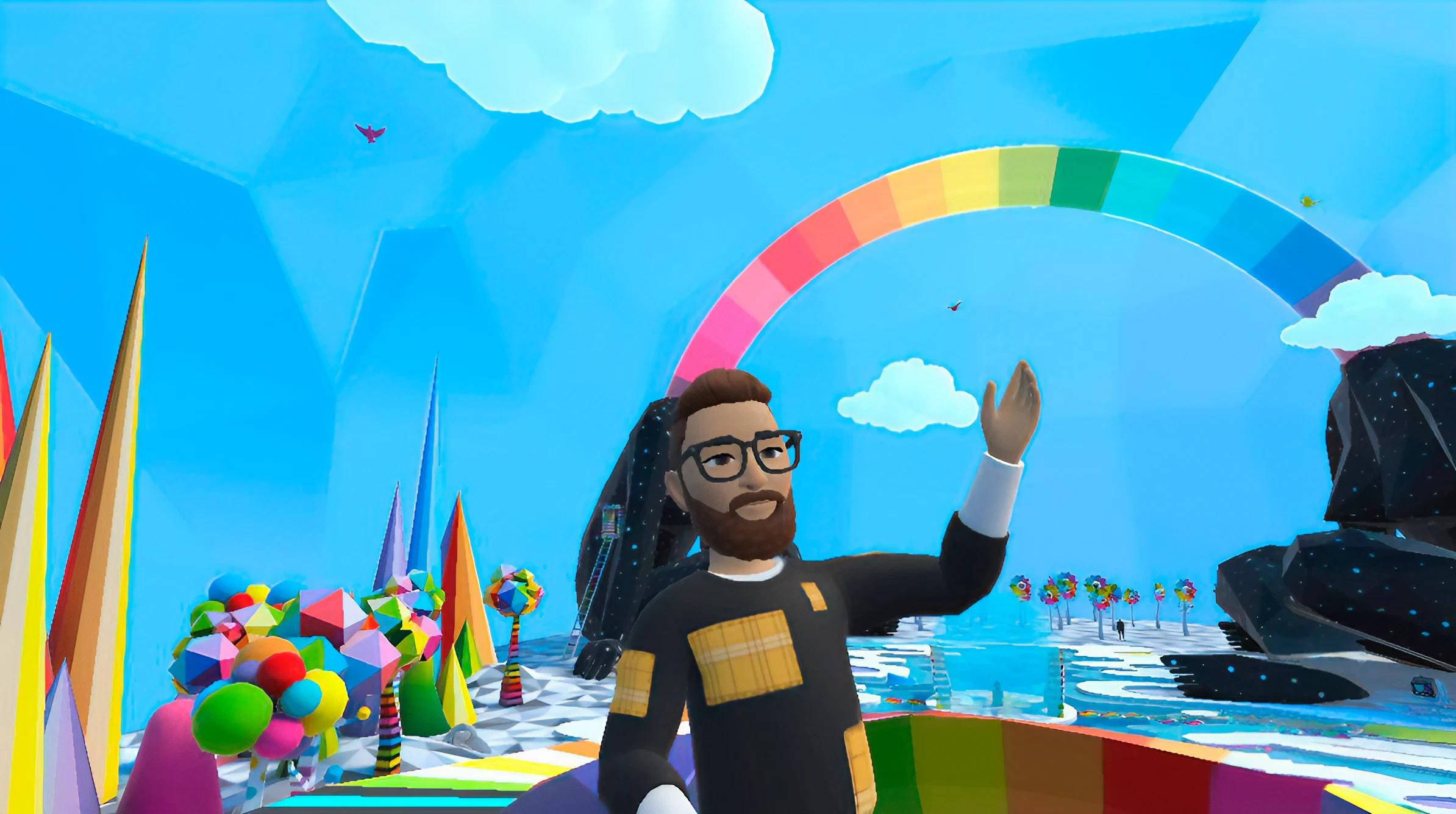 Avatar waving inside Movistar's colorful VR immersive experience world
